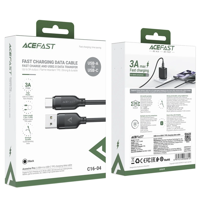 Кабель ACEFAST C16-04, USB to Type-C, 3A, 1.2m ,TPE, TPU connectors, Black