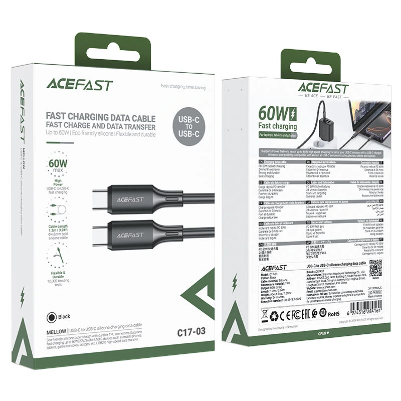 Кабель ACEFAST C17-03 USB-C to USB-C silicone charging data cable Black