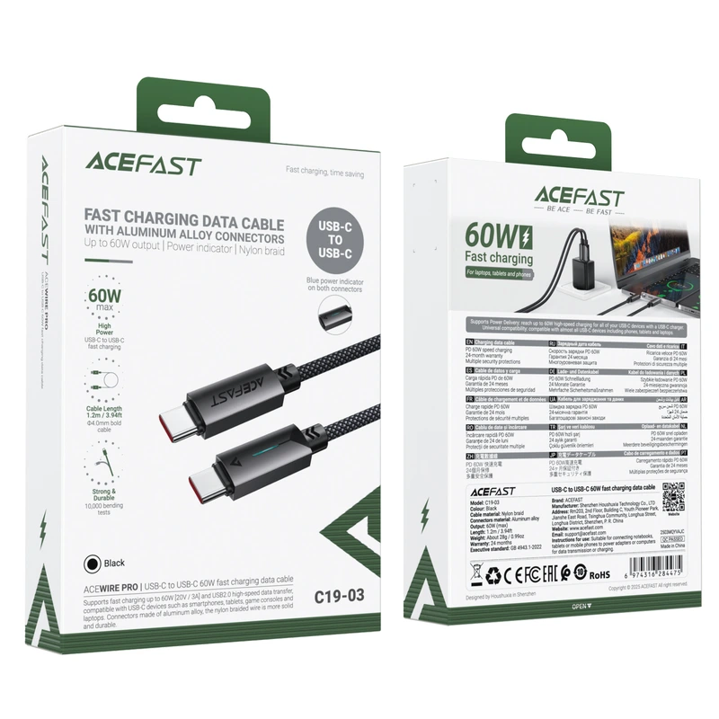 Кабель ACEFAST C19-03, Type-C to Type-C, 60W, 1.2m, Nylon Braid, Aluminum Alloy connectors, Black