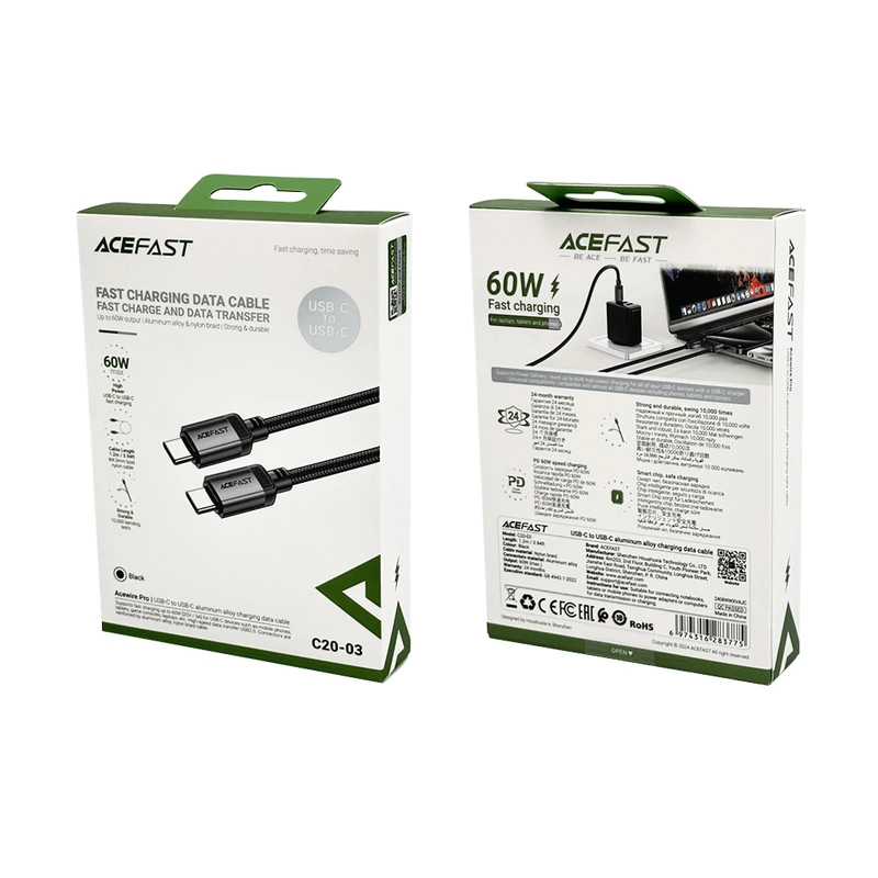 Кабель ACEFAST C20-03 USB-C to USB-C aluminum alloy charging data cable Black