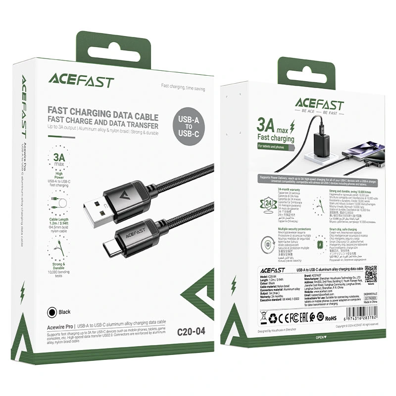 Кабель ACEFAST C20-04 USB-A to USB-C aluminum alloy charging data cable Black