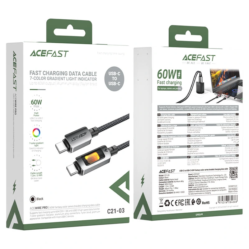 Кабель ACEFAST C21-03, Type-C to Type-C, 60W, 1.2m, Nylon, Aluminum Alloy connectors, Black