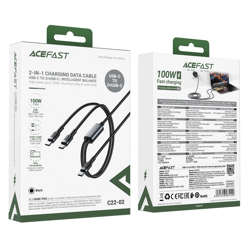 Кабель ACEFAST C22-02 USB-C to 2*USB-C 100W aluminum alloy charging data cable Black
