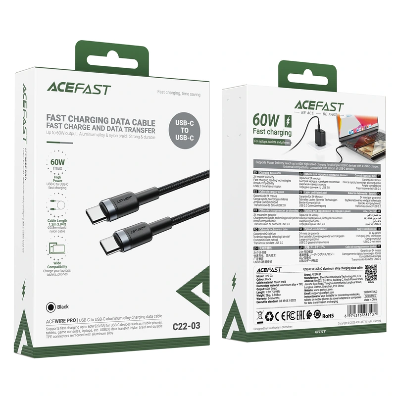 Кабель ACEFAST C22-03, Type-C to Type-C, 60W, 3A, 1.2m, Nylon Braid, Aluminum Alloy + TPE connectors, Black