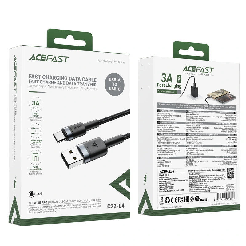 Кабель ACEFAST C22-04, USB to Type-C, 3A, 1.2m, Nylon Braid, Aluminum Alloy + TPE connectors, Black