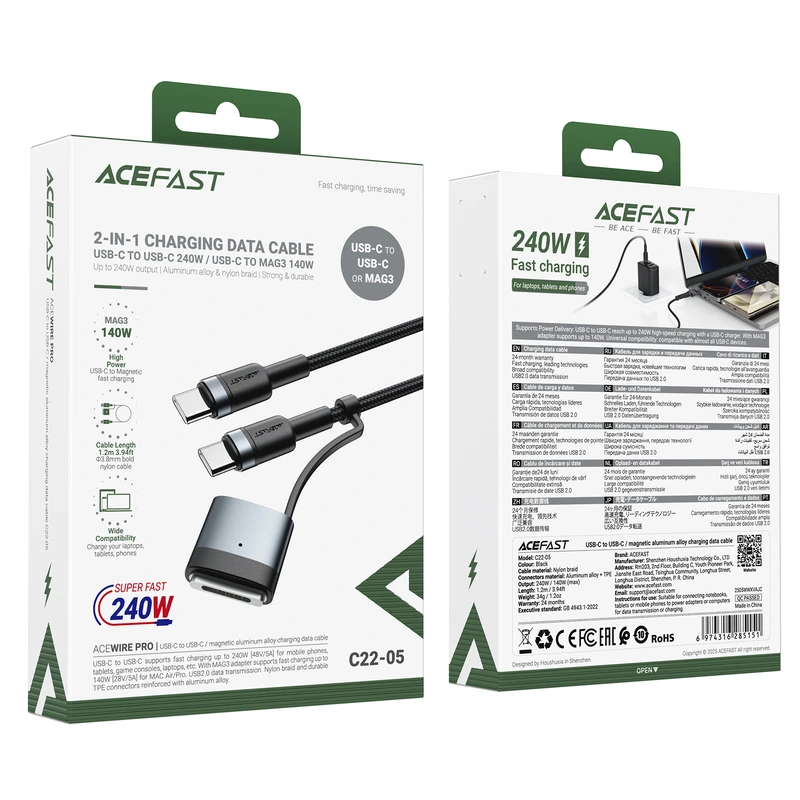 Кабель ACEFAST C22-05 USB-C to USB-C / magnetic aluminum alloy charging data cable Black
