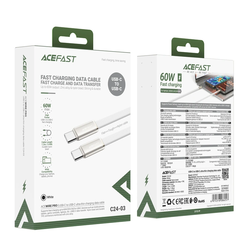 Кабель ACEFAST C24-03, Type-C to Type-C, 60W, 3A, 1.2m, Braided wire, Zinc alloy + TPE connectors, White