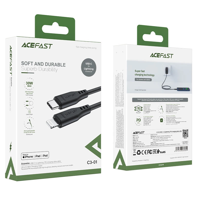 Кабель ACEFAST C3-01 Type-C to iP 3A, 30W, TPE, TPE connectors, Black