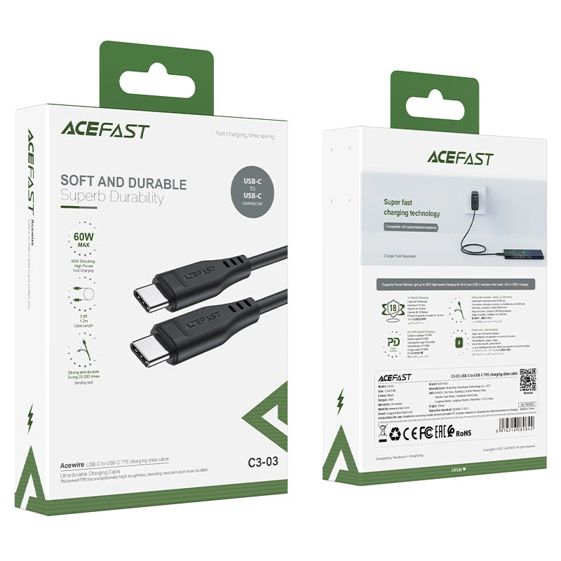 Кабель ACEFAST C3-03 Type-C to Type-C 3A, 60W, 1.2m, TPE, TPE connectors, Black