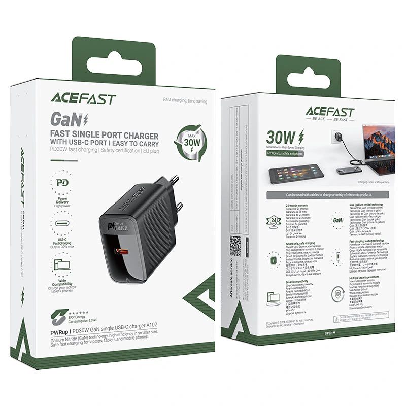 Мережевий зарядний пристрій ACEFAST A102 PD30W GaN single USB-C charger (EU) Black