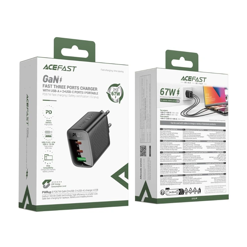Мережевий зарядний пристрій ACEFAST A108 PD67W GaN (2*USB-C+USB-A) charger Black