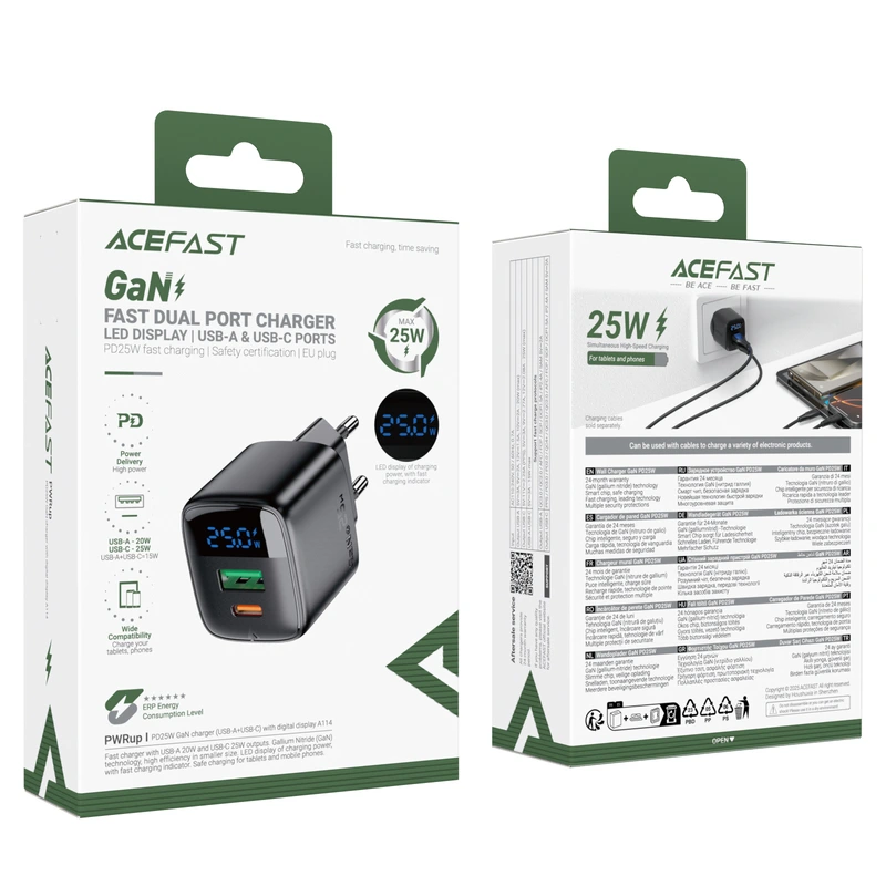 Мережевий зарядний пристрій ACEFAST A114 PD25W GaN charger (USB-A+USB-C) with digital display Black