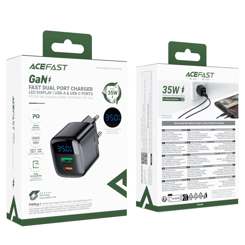Мережевий зарядний пристрій ACEFAST A116 PD35W GaN charger (USB-A+USB-C) with digital display Black