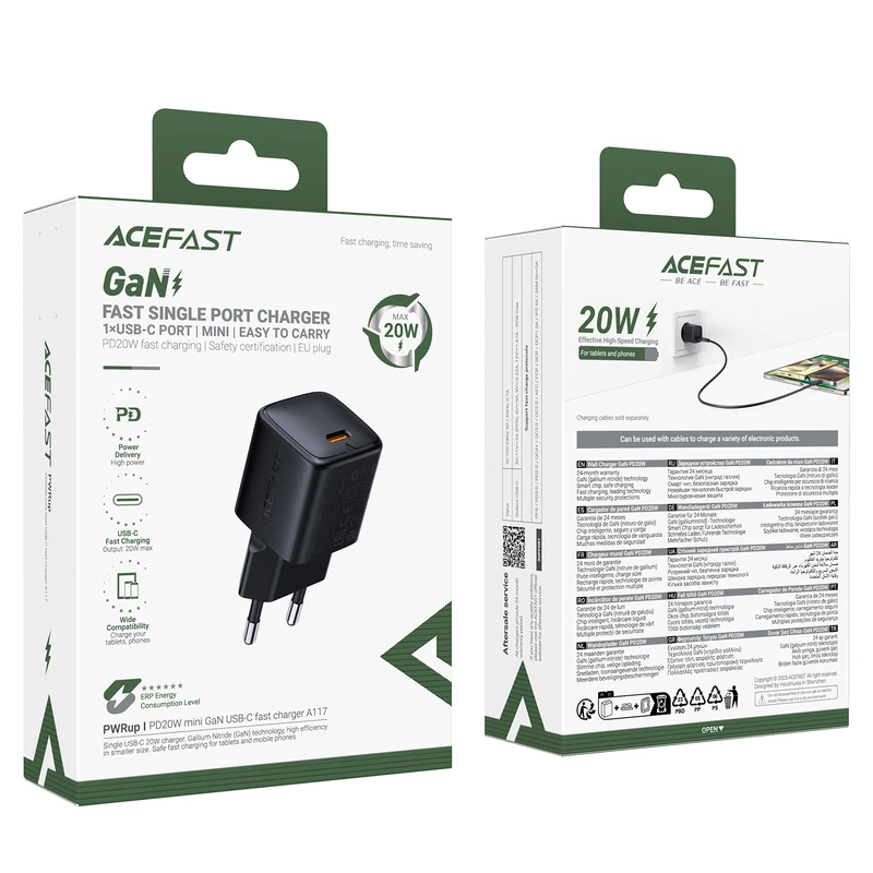 Мережевий зарядний пристрій ACEFAST A117 PD20W mini GaN USB-C fast charger Black