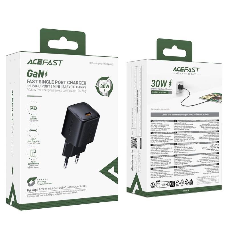 Мережевий зарядний пристрій ACEFAST A118 PD30W mini GaN USB-C fast charger