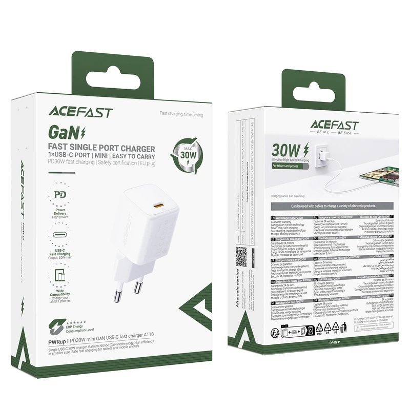 Мережевий зарядний пристрій ACEFAST A118 PD30W mini GaN USB-C fast charger (6974316285366)