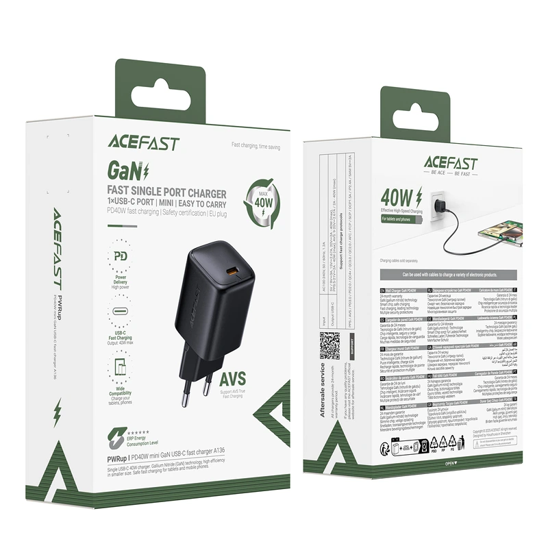 Мережевий зарядний пристрій ACEFAST A136 PD40W mini GaN USB-C fast charger Black