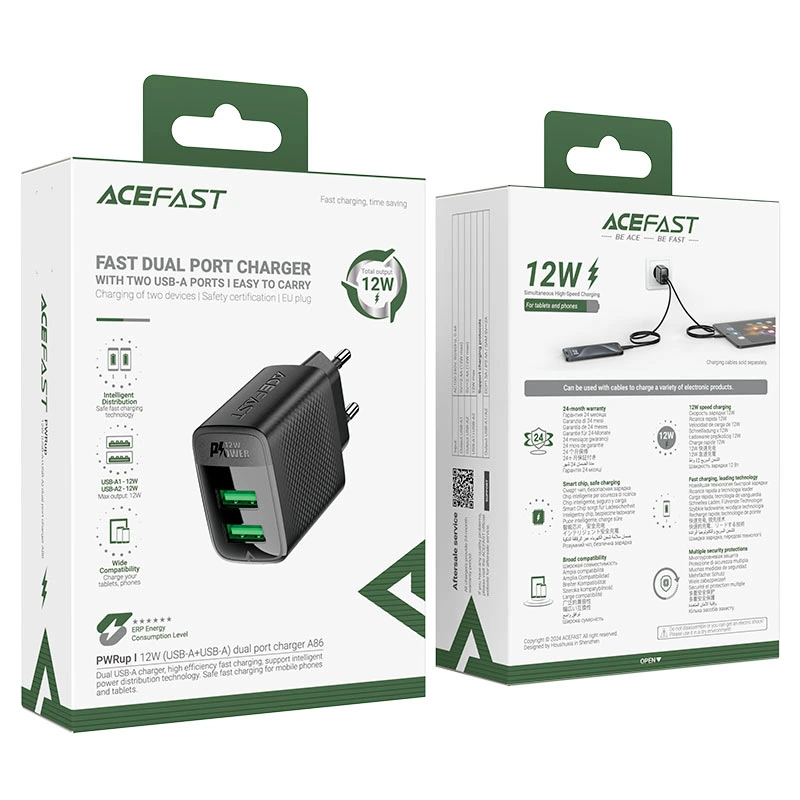 Мережевий зарядний пристрій ACEFAST A86 12W (USB-A+USB-A) dual port charger  Black
