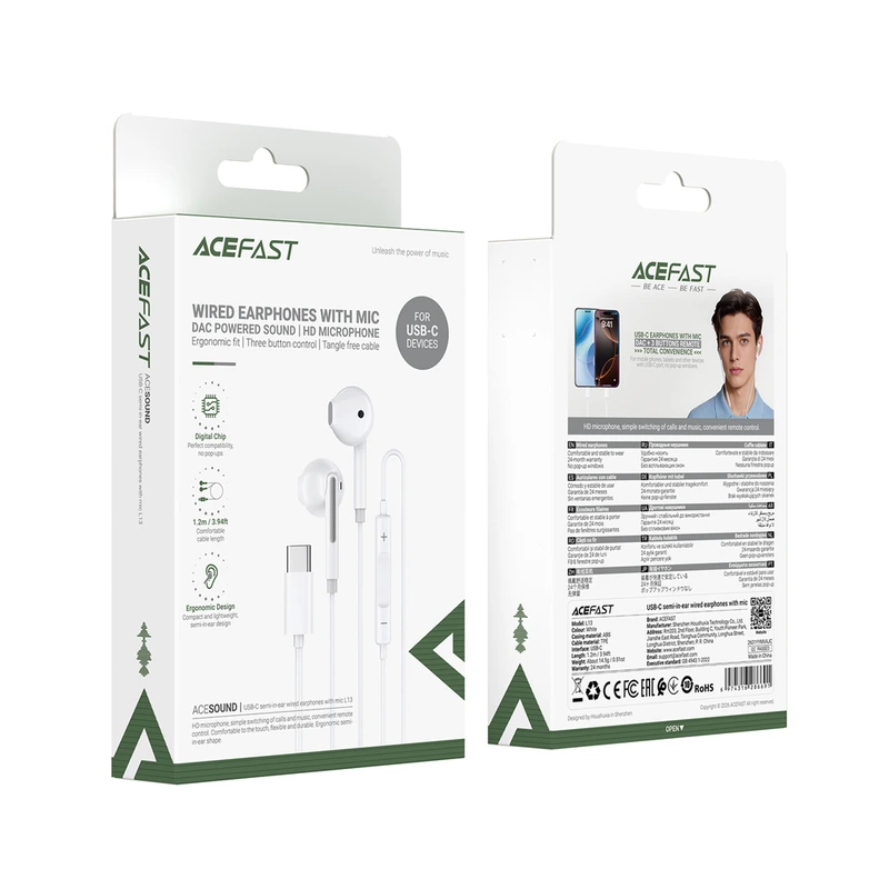 Навушники ACEFAST L13 USB-C semi-in-ear wired earphones with mic White