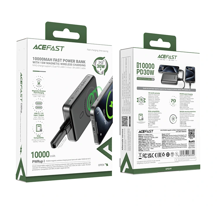 Зовнішній акумулятор ACEFAST M10-10000 PD30W magnetic wireless charging power bank with cable Black