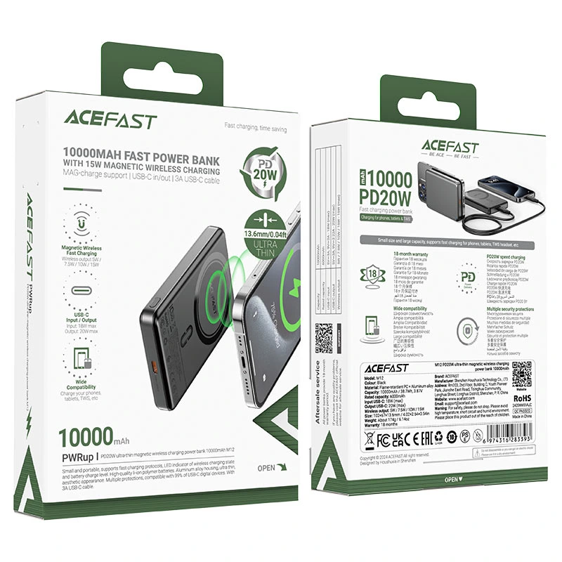 Зовнішній акумулятор ACEFAST M12 PD20W ultra-thin magnetic wireless charging power bank 10000mAh, Black