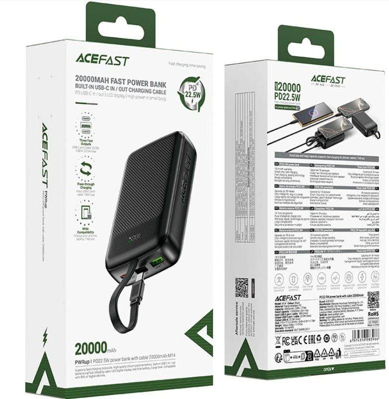 Зовнішній акумулятор ACEFAST M14 PD20W power bank with cable 20000mAh Black