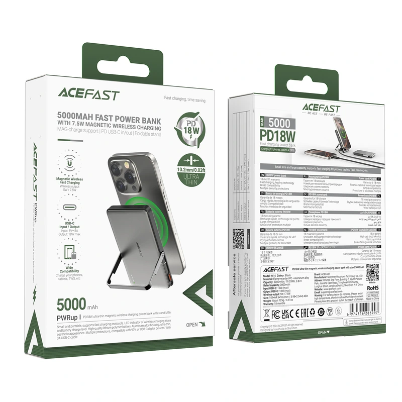 Зовнішній акумулятор ACEFAST M16-5000 PD18W ultra-thin magnetic wireless charging power bank with stand Black