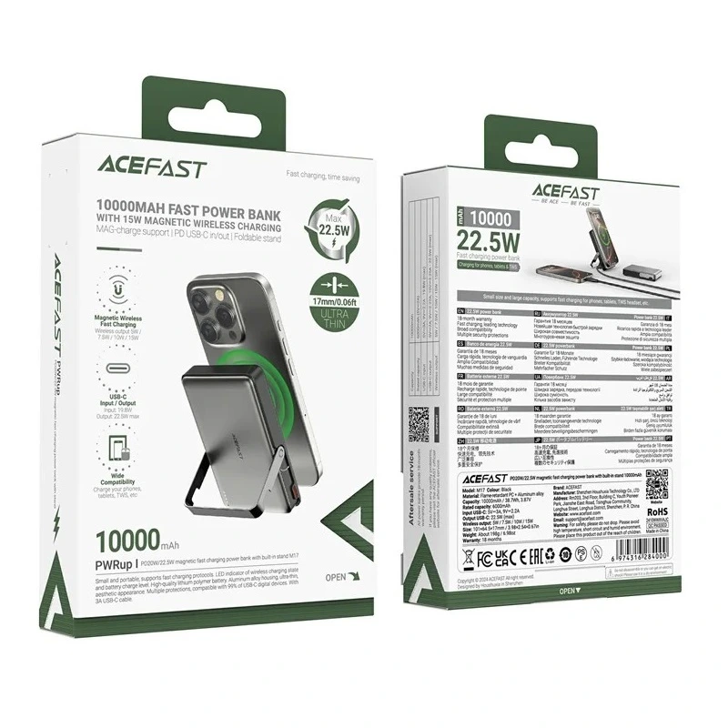 Зовнішній акумулятор ACEFAST M17 PD20W/22.5W magnetic fast charging power bank with built-in stand 10000mAh Black