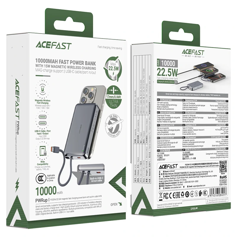 Зовнішній акумулятор ACEFAST M18-10000 PD20W/22.5W magnetic fast charging power bank with built-in cable Black