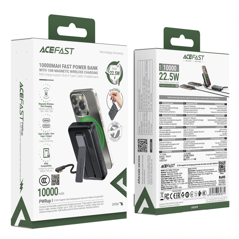 Зовнішній акумулятор ACEFAST M24-10000 22.5W magnetic fast charging power bank with holder and cable Metal Gray