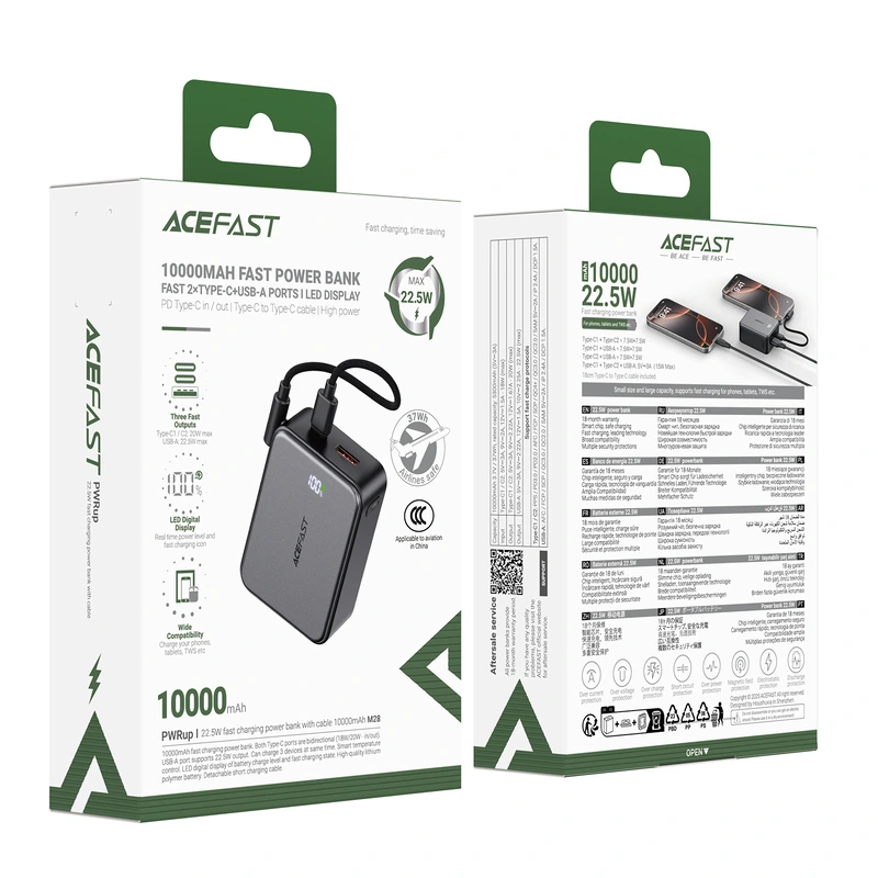 Зовнішній акумулятор ACEFAST M28-10000 22.5W fast charging power bank with cable Black