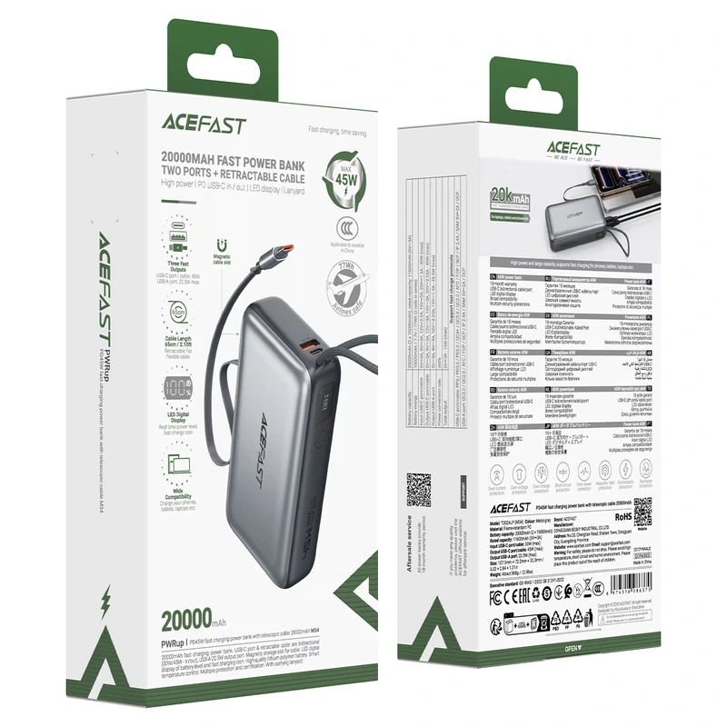 Зовнішній акумулятор ACEFAST M34-20000 PD45W fast charging power bank with telescopic cable Metal Gray