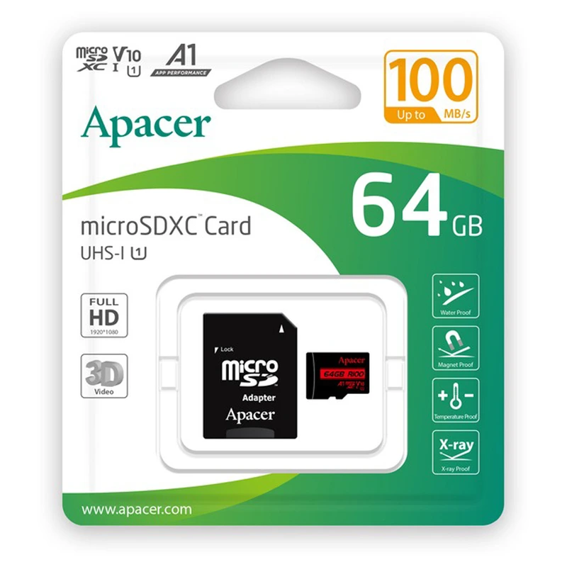Карта пам'яті microSDXC (UHS-1) Apacer 64Gb class 10 V10 A1 R100MB/s (adapter SD)