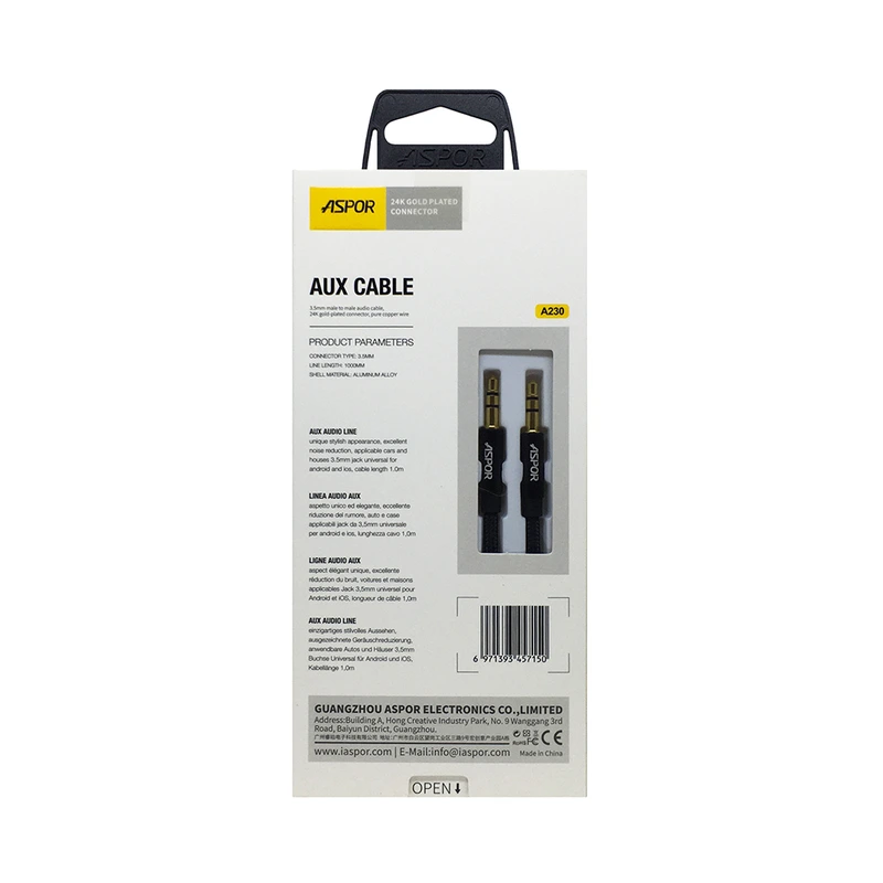 AUX кабель Aspor A230 3.5мм/1м- чорний