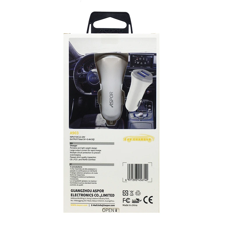 Автомобільний зарядний пристрій Aspor A903 (2USB/3.4A)- білий