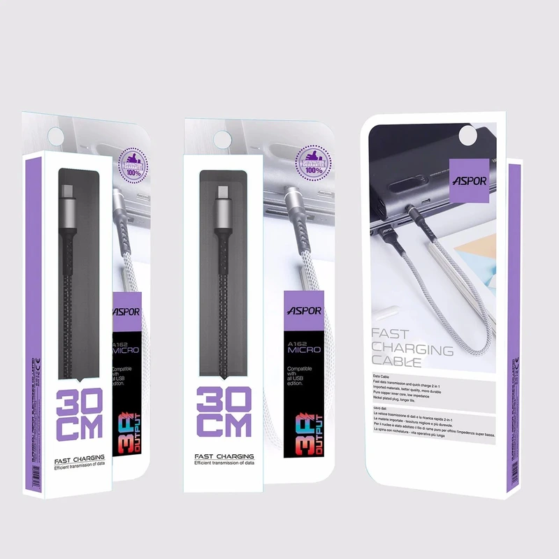 Кабель Aspor A162 Fast Charge USB – Micro (3A/0.3м)- графітовий