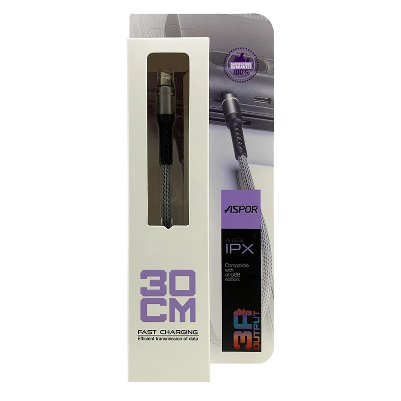 Кабель Aspor A163 Fast Charge USB – Lightning (3A/0.3м)- графітовий