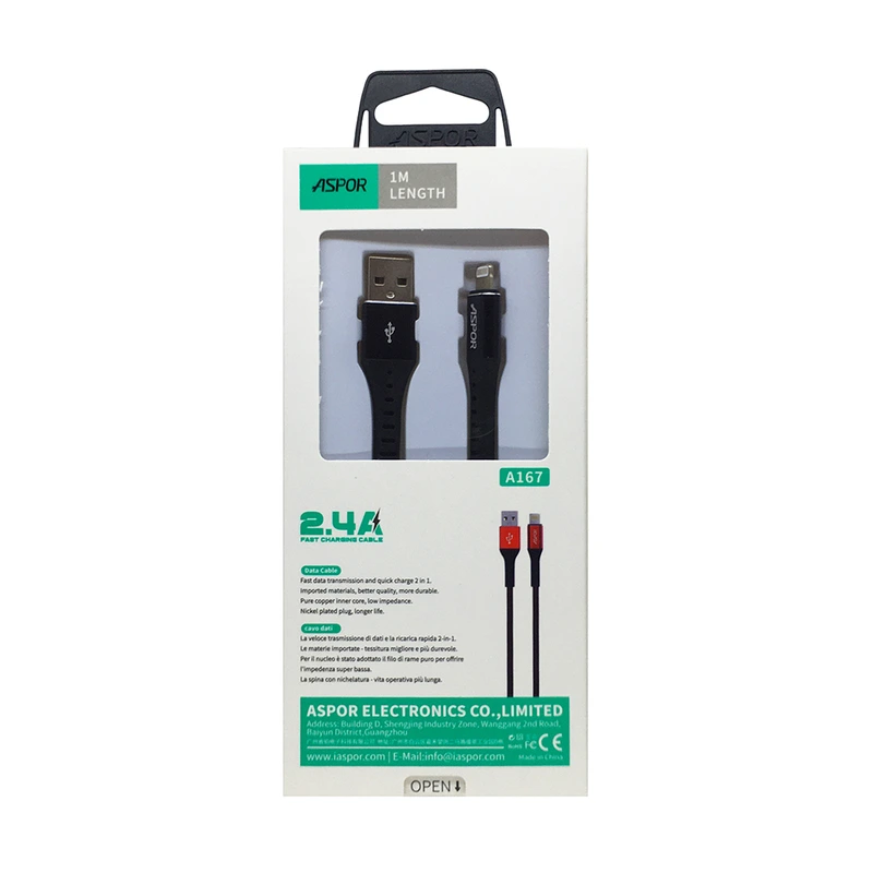 Кабель Aspor A167 USB – Lightning 2.4A/1м- чорний