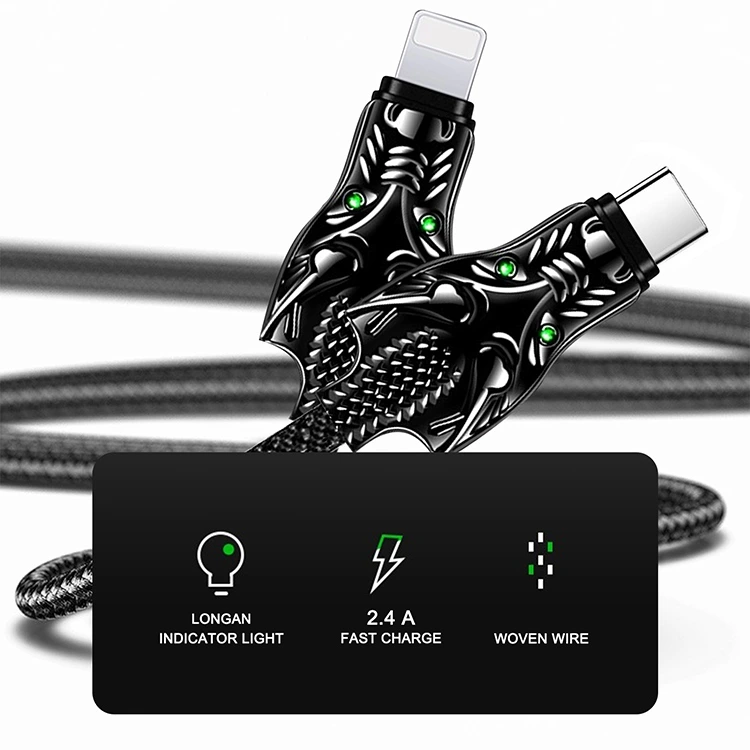 Кабель Aspor A196 Dragon Nylon LED USB – Lightning (2.4A/1м)- чорний