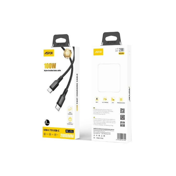 Кабель Aspor AC-21L Nylon Cable Type-C – Type-C 100W/2м- чорний