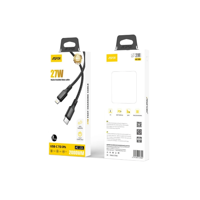 Кабель Aspor AC-22L Nylon Cable Type-C – Lightning 27W/2м- чорний