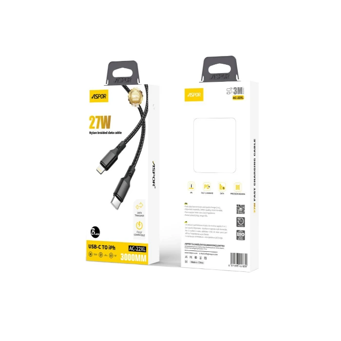 Кабель Aspor AC-22XL Nylon Cable Type-C – Lightning 27W/3м- чорний