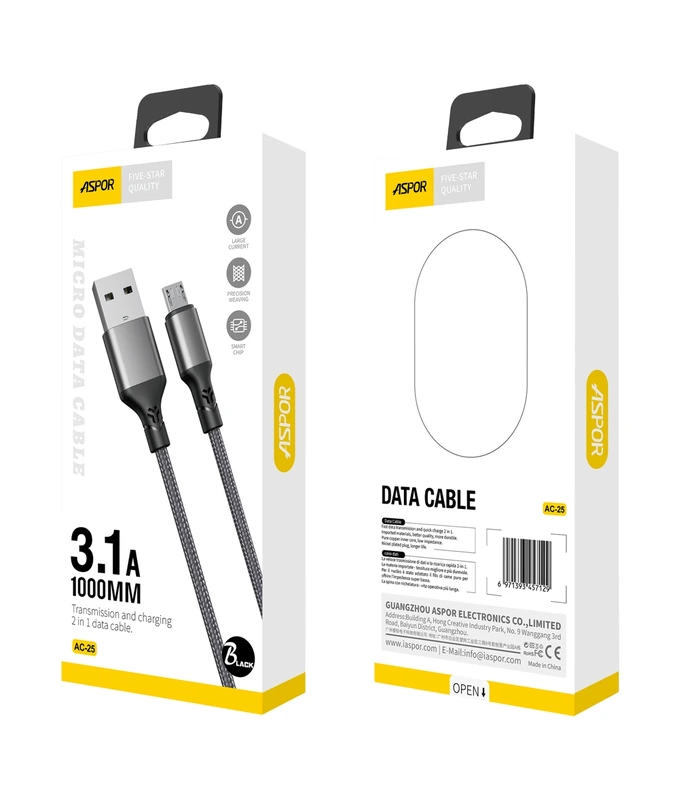 Кабель Aspor AC-26 Lightning 3.1A/1м- чорний