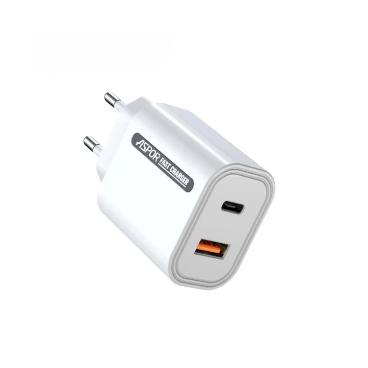 Мережевий зарядний пристрій Aspor A806 Fast Charger (USB/USB-C/3A/33W) + кабель Type-C – Lightning- білий