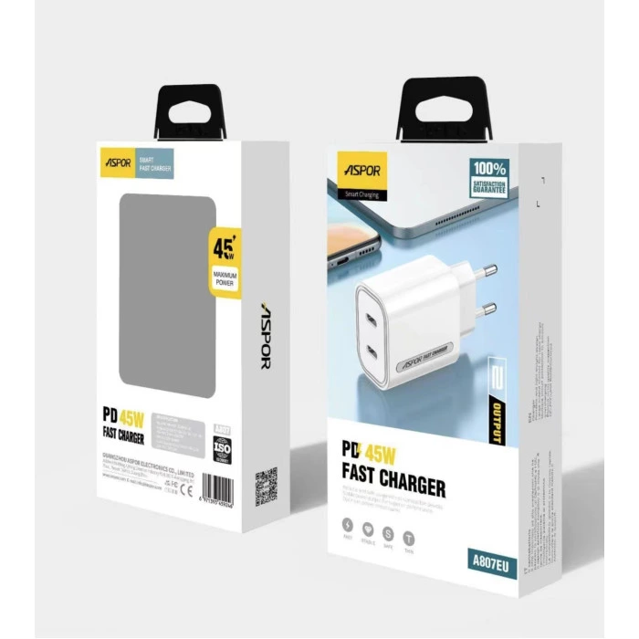 Мережевий зарядний пристрій Aspor A807 (USB-C/USB-C/3A/45W) + кабель Type-C – Lightning- білий