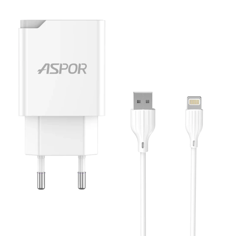 Мережевий зарядний пристрій Aspor A827 IQ (USB/2.4A) + кабель USB – Lightning- білий