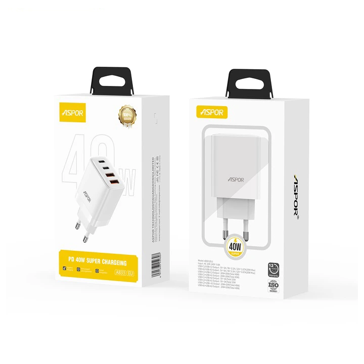 Мережевий зарядний пристрій Aspor A833 (2USB-C/2USB/3A/40W)- білий