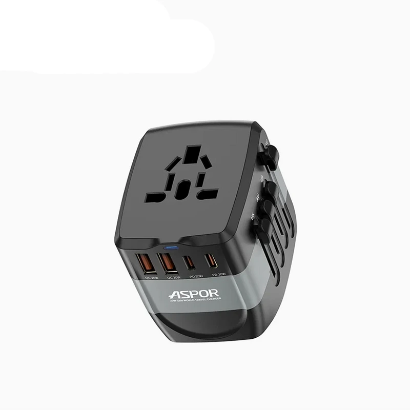 Мережевий зарядний пристрій Aspor A892 Multifunction Travel Adapter EU/UK/US/AU (2USB-C/2USB-A/20W)- чорний
