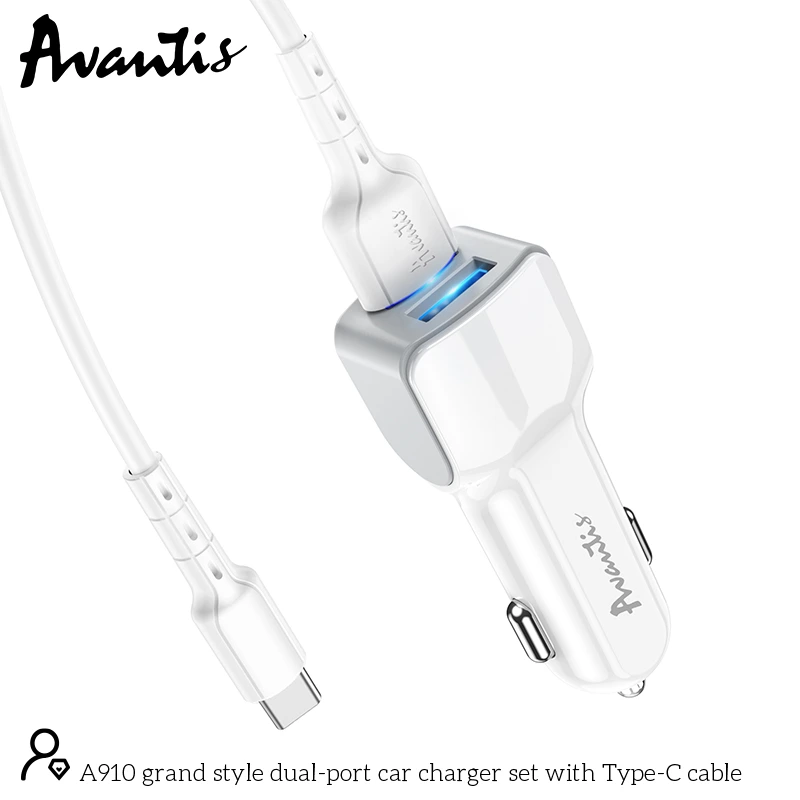Автомобільний зарядний пристрій Avantis A910 Grand style (2USB/2.4A) + USB кабель Type-C- білий