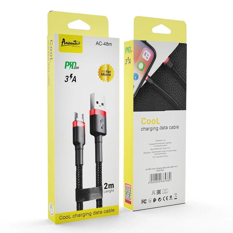 Кабель Avantis AC-48m Cool USB – Micro 2м- чорно-червоний